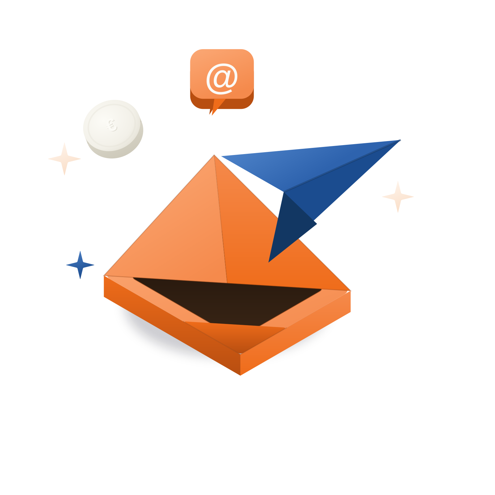 Isometrische 3D-illustratie: een open envelop met een blauw papieren vliegtuigje en een @-badge